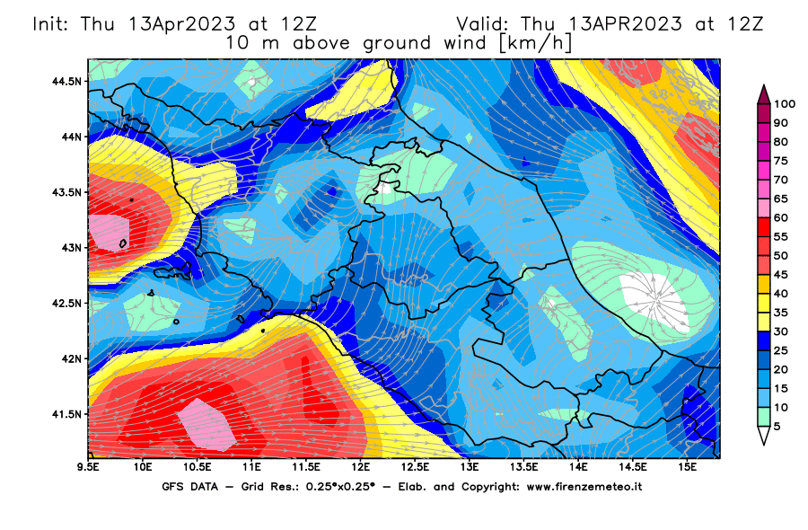 Mappa di analisi GFS - Velocità del vento a 10 metri dal suolo [km/h] in Centro-Italia
							del 13/04/2023 12 <!--googleoff: index-->UTC<!--googleon: index-->
