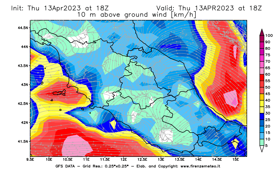 Mappa di analisi GFS - Velocità del vento a 10 metri dal suolo [km/h] in Centro-Italia
							del 13/04/2023 18 <!--googleoff: index-->UTC<!--googleon: index-->