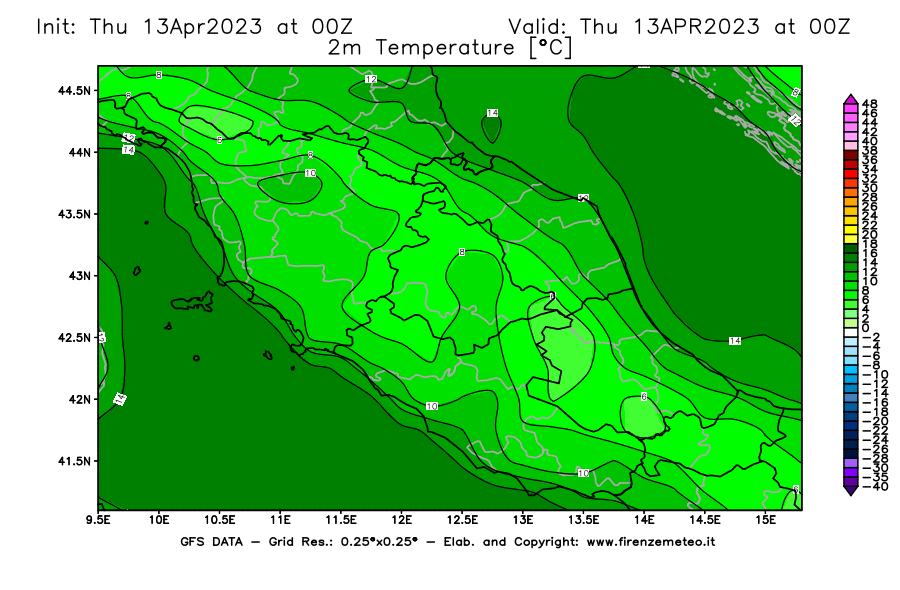 Mappa di analisi GFS - Temperatura a 2 metri dal suolo [°C] in Centro-Italia
							del 13/04/2023 00 <!--googleoff: index-->UTC<!--googleon: index-->