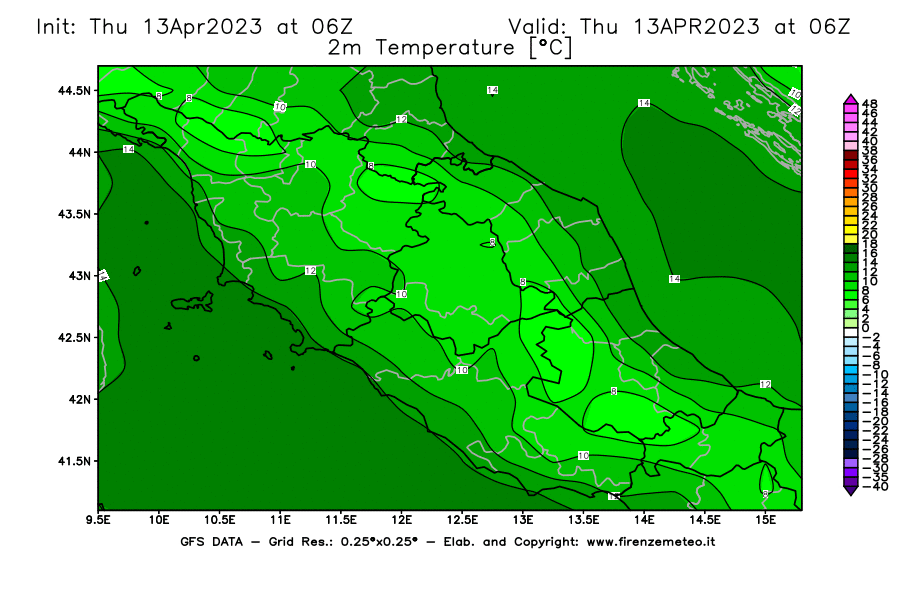 Mappa di analisi GFS - Temperatura a 2 metri dal suolo [°C] in Centro-Italia
							del 13/04/2023 06 <!--googleoff: index-->UTC<!--googleon: index-->