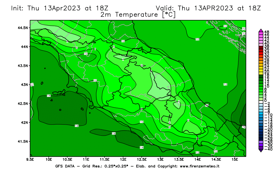 Mappa di analisi GFS - Temperatura a 2 metri dal suolo [°C] in Centro-Italia
							del 13/04/2023 18 <!--googleoff: index-->UTC<!--googleon: index-->