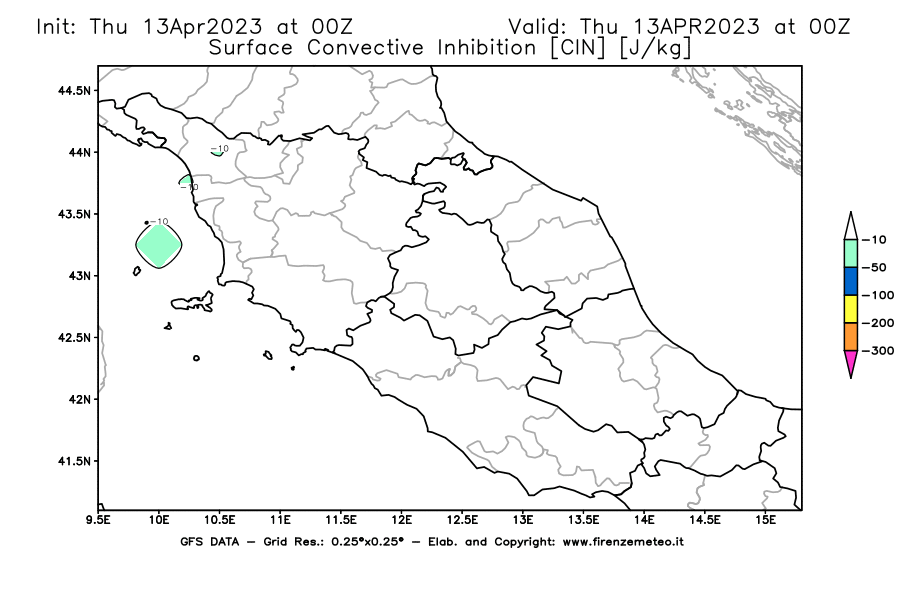 Mappa di analisi GFS - CIN [J/kg] in Centro-Italia
							del 13/04/2023 00 <!--googleoff: index-->UTC<!--googleon: index-->