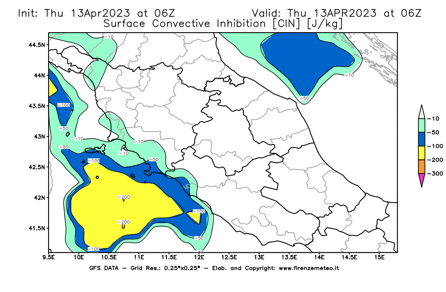 Mappa di analisi GFS - CIN [J/kg] in Centro-Italia
							del 13/04/2023 06 <!--googleoff: index-->UTC<!--googleon: index-->