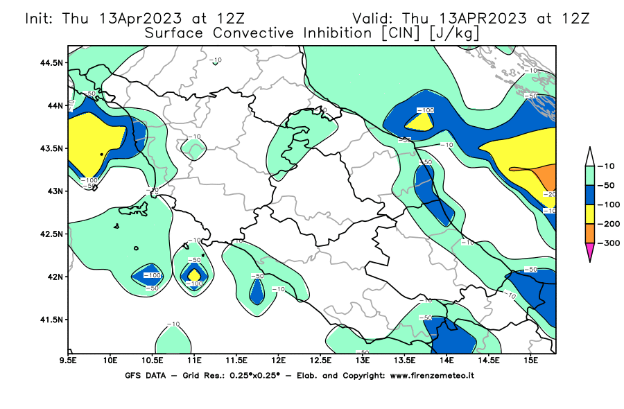 Mappa di analisi GFS - CIN [J/kg] in Centro-Italia
							del 13/04/2023 12 <!--googleoff: index-->UTC<!--googleon: index-->