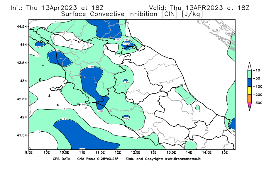 GFS analysi map - CIN [J/kg] in Central Italy
									on 13/04/2023 18 <!--googleoff: index-->UTC<!--googleon: index-->