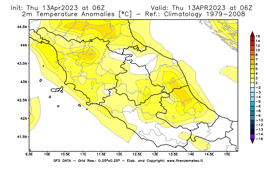 Mappa di analisi GFS - Anomalia Temperatura [°C] a 2 m in Centro-Italia
							del 13/04/2023 06 <!--googleoff: index-->UTC<!--googleon: index-->
