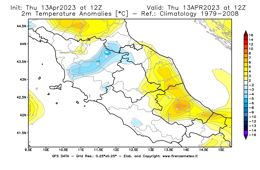 Mappa di analisi GFS - Anomalia Temperatura [°C] a 2 m in Centro-Italia
							del 13/04/2023 12 <!--googleoff: index-->UTC<!--googleon: index-->