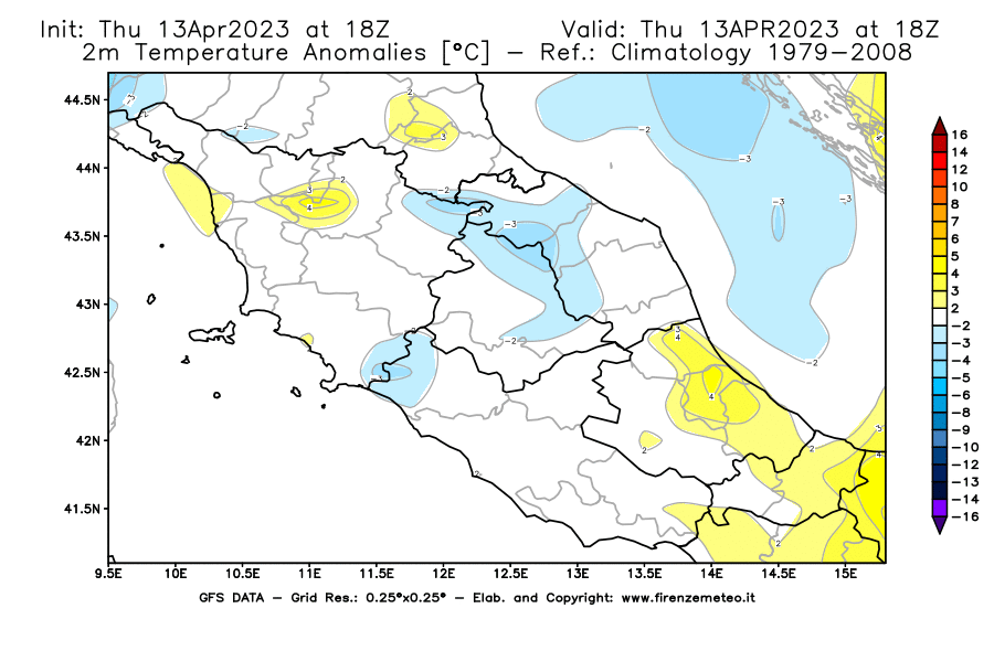 Mappa di analisi GFS - Anomalia Temperatura [°C] a 2 m in Centro-Italia
							del 13/04/2023 18 <!--googleoff: index-->UTC<!--googleon: index-->