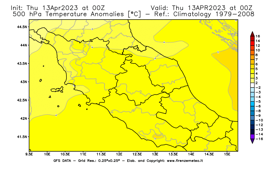 Mappa di analisi GFS - Anomalia Temperatura [°C] a 500 hPa in Centro-Italia
							del 13/04/2023 00 <!--googleoff: index-->UTC<!--googleon: index-->