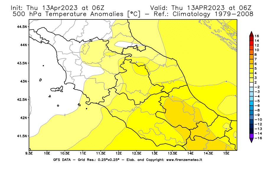 Mappa di analisi GFS - Anomalia Temperatura [°C] a 500 hPa in Centro-Italia
							del 13/04/2023 06 <!--googleoff: index-->UTC<!--googleon: index-->
