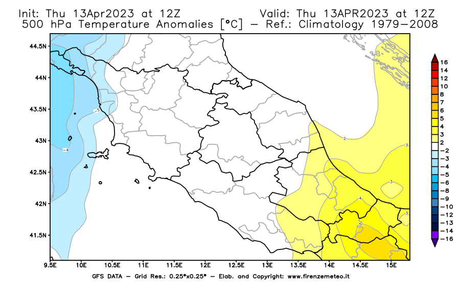 GFS analysi map - Temperature Anomalies [°C] at 500 hPa in Central Italy
									on 13/04/2023 12 <!--googleoff: index-->UTC<!--googleon: index-->