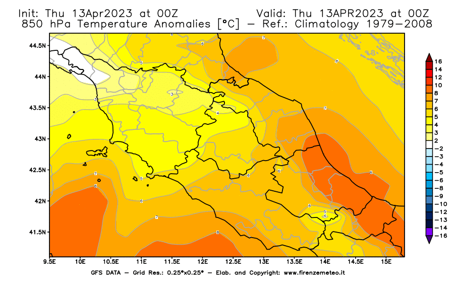 GFS analysi map - Temperature Anomalies [°C] at 850 hPa in Central Italy
									on 13/04/2023 00 <!--googleoff: index-->UTC<!--googleon: index-->