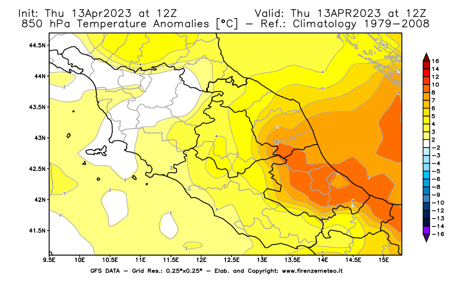 Mappa di analisi GFS - Anomalia Temperatura [°C] a 850 hPa in Centro-Italia
							del 13/04/2023 12 <!--googleoff: index-->UTC<!--googleon: index-->