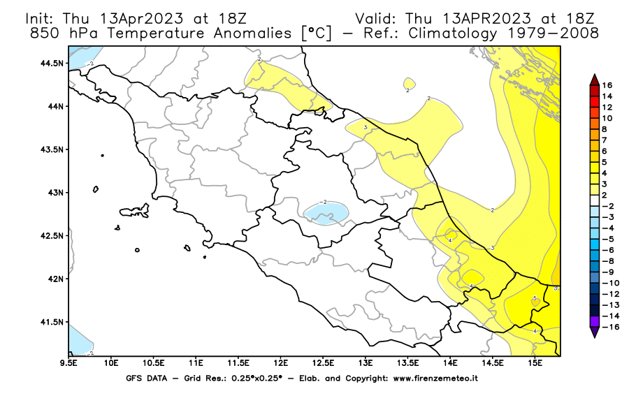 Mappa di analisi GFS - Anomalia Temperatura [°C] a 850 hPa in Centro-Italia
							del 13/04/2023 18 <!--googleoff: index-->UTC<!--googleon: index-->