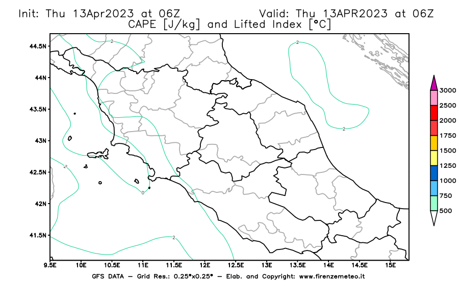 GFS analysi map - CAPE [J/kg] and Lifted Index [°C] in Central Italy
									on 13/04/2023 06 <!--googleoff: index-->UTC<!--googleon: index-->