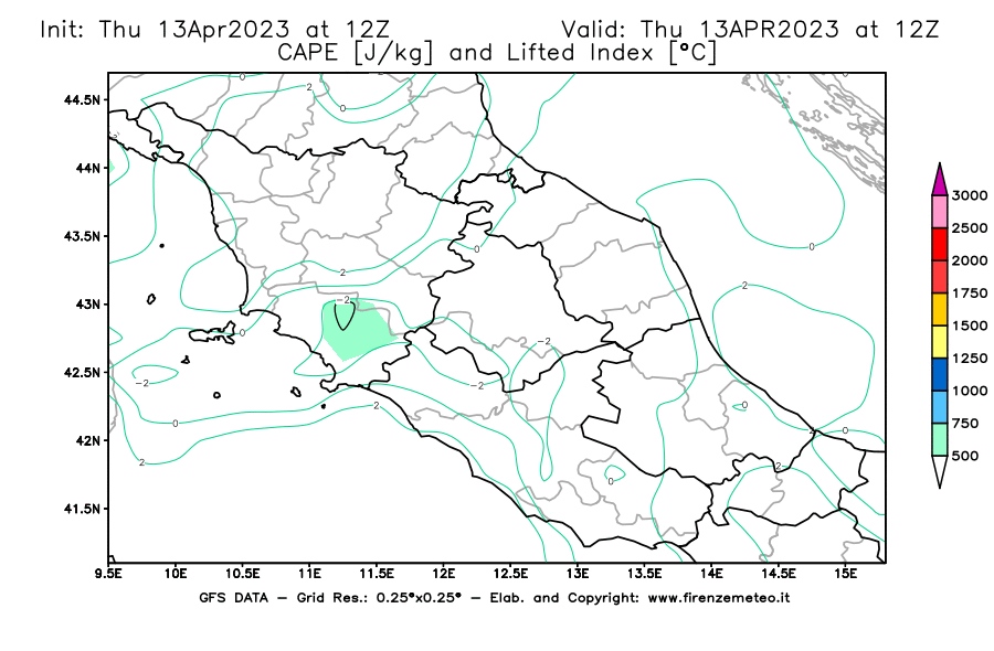 Mappa di analisi GFS - CAPE [J/kg] e Lifted Index [°C] in Centro-Italia
							del 13/04/2023 12 <!--googleoff: index-->UTC<!--googleon: index-->