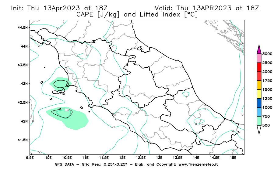 GFS analysi map - CAPE [J/kg] and Lifted Index [°C] in Central Italy
									on 13/04/2023 18 <!--googleoff: index-->UTC<!--googleon: index-->
