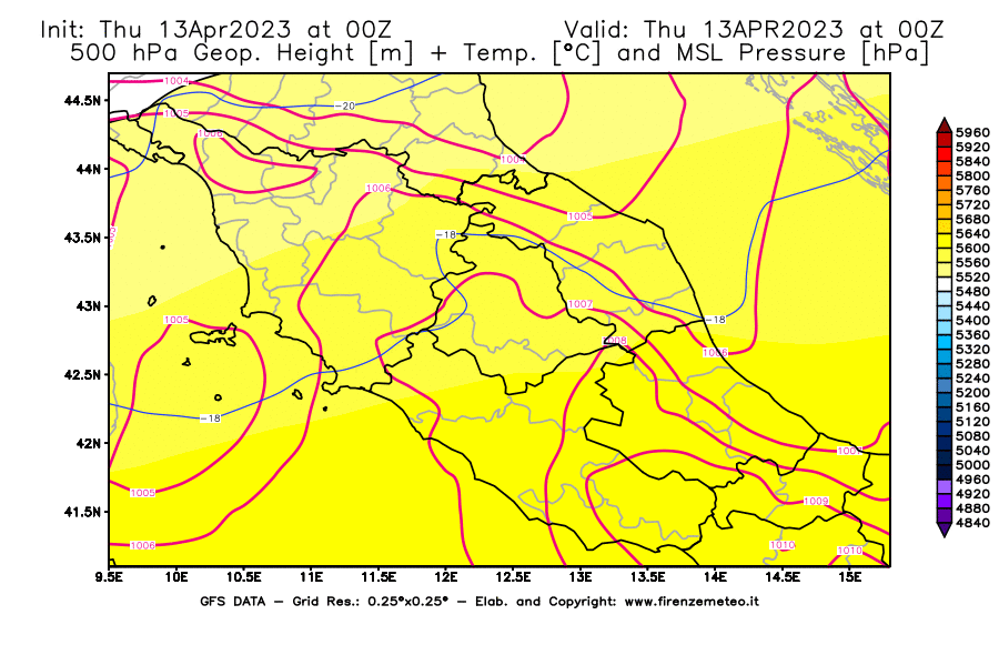 Mappa di analisi GFS - Geopotenziale [m] + Temp. [°C] a 500 hPa + Press. a livello del mare [hPa] in Centro-Italia
							del 13/04/2023 00 <!--googleoff: index-->UTC<!--googleon: index-->