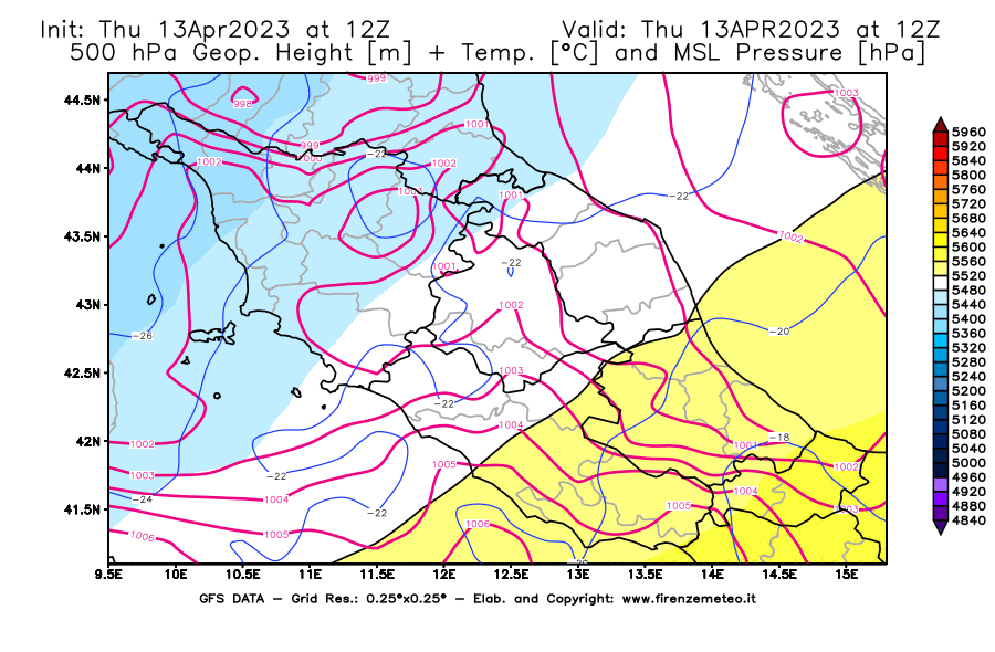 Mappa di analisi GFS - Geopotenziale [m] + Temp. [°C] a 500 hPa + Press. a livello del mare [hPa] in Centro-Italia
							del 13/04/2023 12 <!--googleoff: index-->UTC<!--googleon: index-->