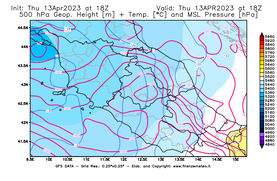 Mappa di analisi GFS - Geopotenziale [m] + Temp. [°C] a 500 hPa + Press. a livello del mare [hPa] in Centro-Italia
							del 13/04/2023 18 <!--googleoff: index-->UTC<!--googleon: index-->