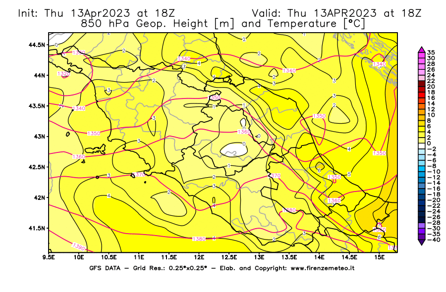Mappa di analisi GFS - Geopotenziale [m] e Temperatura [°C] a 850 hPa in Centro-Italia
							del 13/04/2023 18 <!--googleoff: index-->UTC<!--googleon: index-->