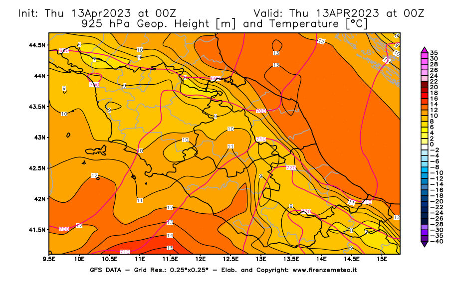 Mappa di analisi GFS - Geopotenziale [m] e Temperatura [°C] a 925 hPa in Centro-Italia
							del 13/04/2023 00 <!--googleoff: index-->UTC<!--googleon: index-->