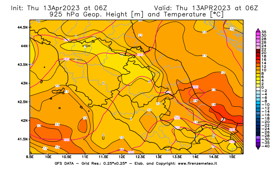 Mappa di analisi GFS - Geopotenziale [m] e Temperatura [°C] a 925 hPa in Centro-Italia
							del 13/04/2023 06 <!--googleoff: index-->UTC<!--googleon: index-->