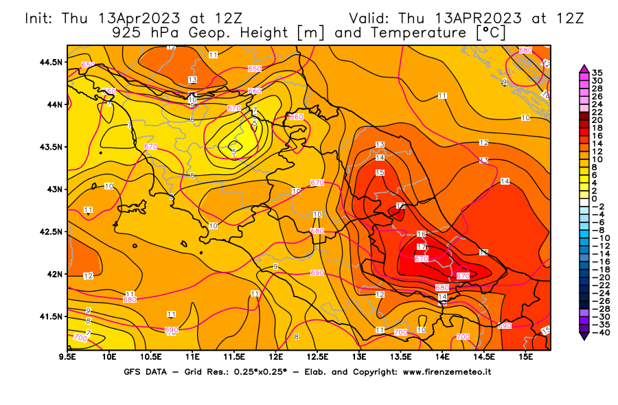 GFS analysi map - Geopotential [m] and Temperature [°C] at 925 hPa in Central Italy
									on 13/04/2023 12 <!--googleoff: index-->UTC<!--googleon: index-->