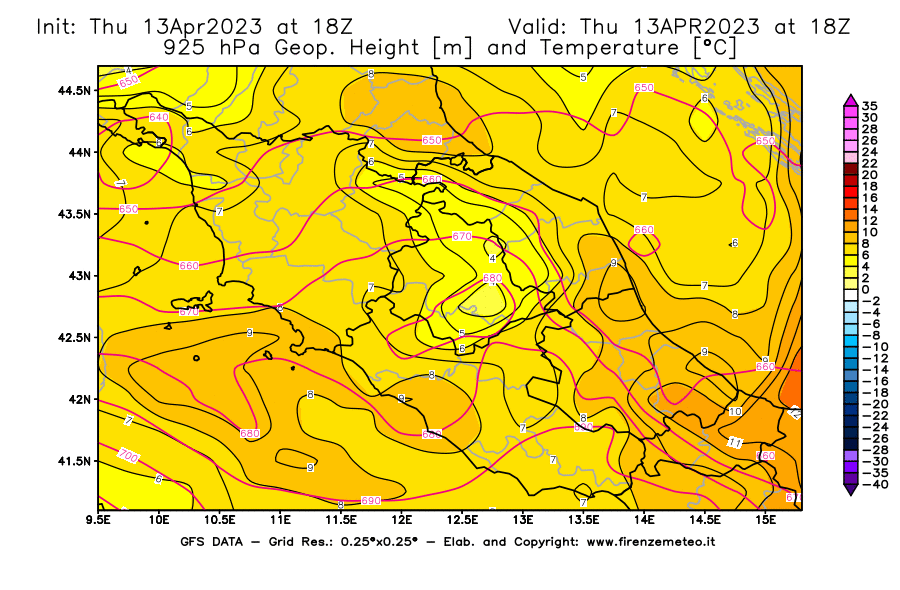 GFS analysi map - Geopotential [m] and Temperature [°C] at 925 hPa in Central Italy
									on 13/04/2023 18 <!--googleoff: index-->UTC<!--googleon: index-->