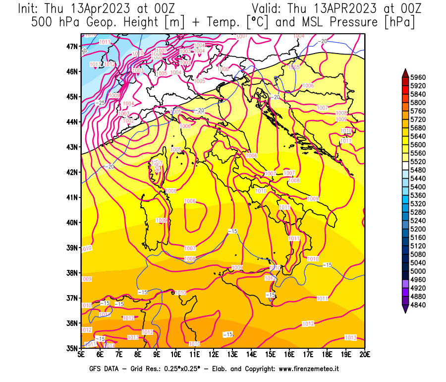 Mappa di analisi GFS - Geopotenziale [m] + Temp. [°C] a 500 hPa + Press. a livello del mare [hPa] in Italia
							del 13/04/2023 00 <!--googleoff: index-->UTC<!--googleon: index-->