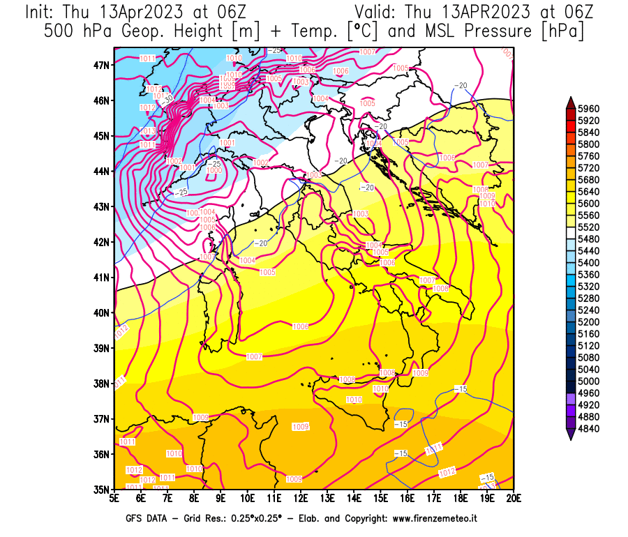 GFS analysi map - Geopotential [m] + Temp. [°C] at 500 hPa + Sea Level Pressure [hPa] in Italy
									on 13/04/2023 06 <!--googleoff: index-->UTC<!--googleon: index-->