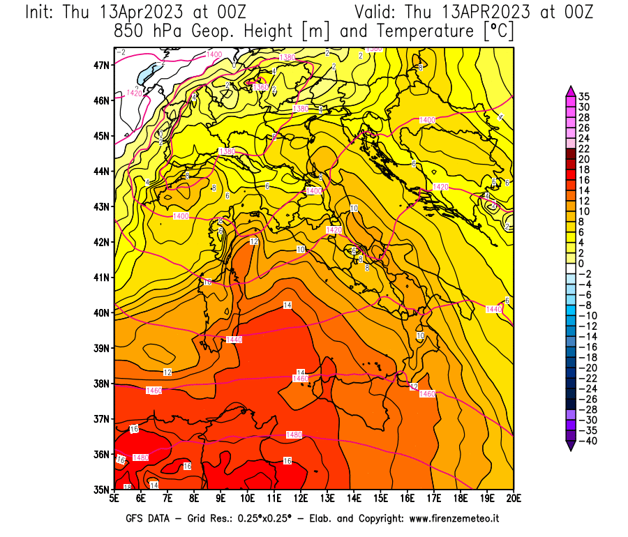 Mappa di analisi GFS - Geopotenziale [m] e Temperatura [°C] a 850 hPa in Italia
							del 13/04/2023 00 <!--googleoff: index-->UTC<!--googleon: index-->