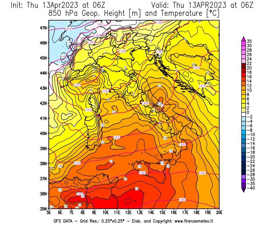 GFS analysi map - Geopotential [m] and Temperature [°C] at 850 hPa in Italy
									on 13/04/2023 06 <!--googleoff: index-->UTC<!--googleon: index-->