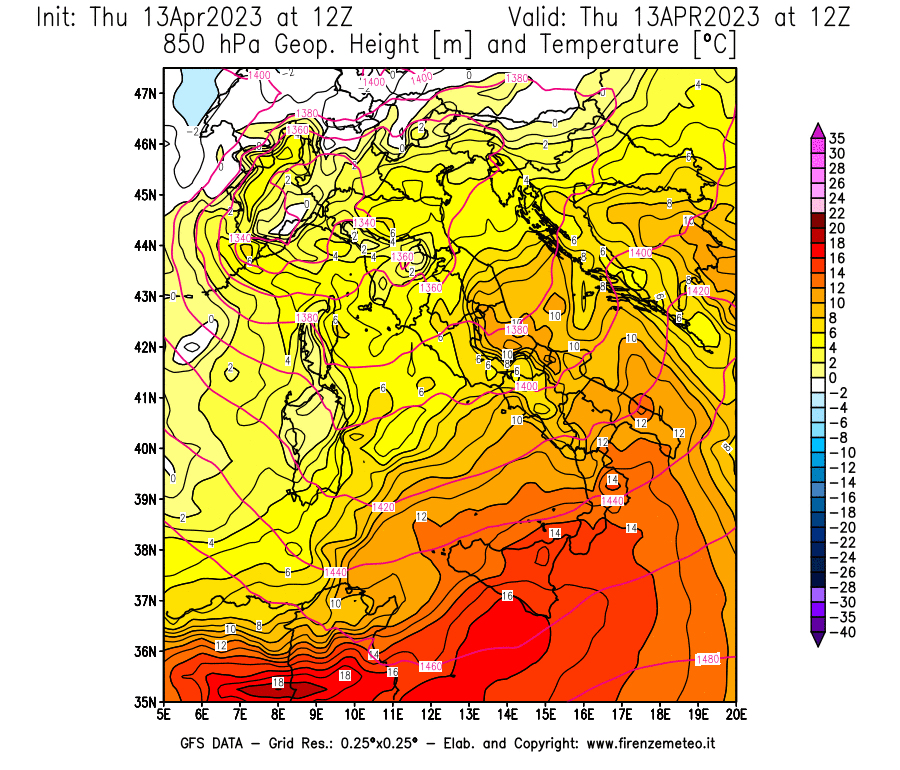 Mappa di analisi GFS - Geopotenziale [m] e Temperatura [°C] a 850 hPa in Italia
							del 13/04/2023 12 <!--googleoff: index-->UTC<!--googleon: index-->