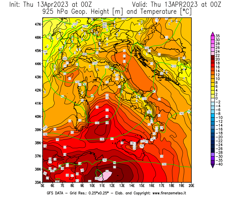 Mappa di analisi GFS - Geopotenziale [m] e Temperatura [°C] a 925 hPa in Italia
							del 13/04/2023 00 <!--googleoff: index-->UTC<!--googleon: index-->
