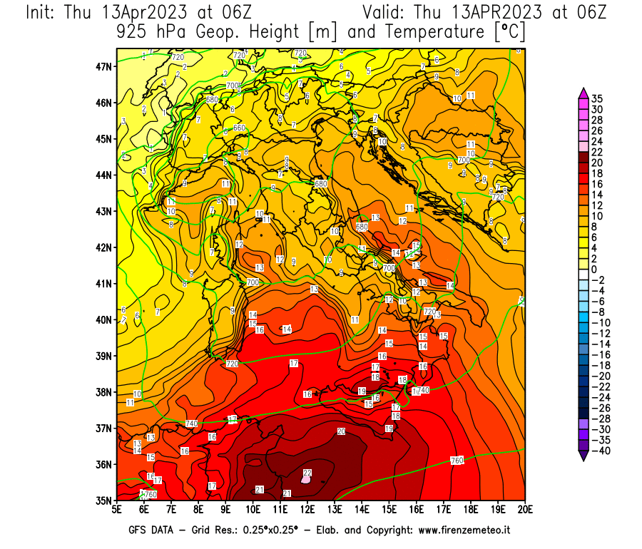 Mappa di analisi GFS - Geopotenziale [m] e Temperatura [°C] a 925 hPa in Italia
							del 13/04/2023 06 <!--googleoff: index-->UTC<!--googleon: index-->