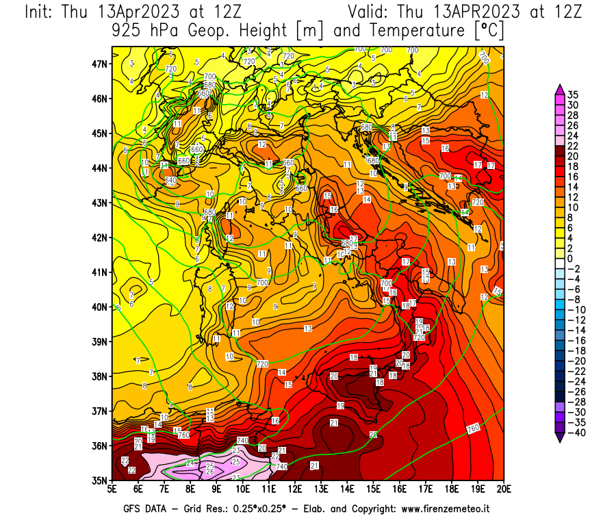 Mappa di analisi GFS - Geopotenziale [m] e Temperatura [°C] a 925 hPa in Italia
							del 13/04/2023 12 <!--googleoff: index-->UTC<!--googleon: index-->