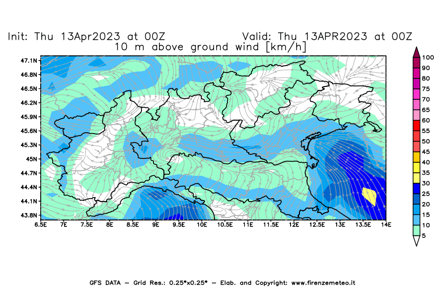 GFS analysi map - Wind Speed at 10 m above ground [km/h] in Northern Italy
									on 13/04/2023 00 <!--googleoff: index-->UTC<!--googleon: index-->