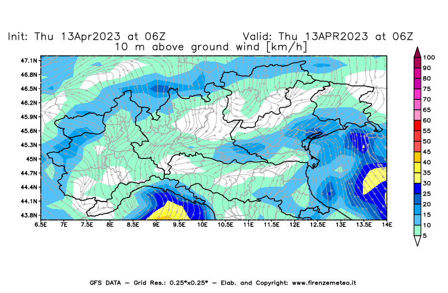 GFS analysi map - Wind Speed at 10 m above ground [km/h] in Northern Italy
									on 13/04/2023 06 <!--googleoff: index-->UTC<!--googleon: index-->
