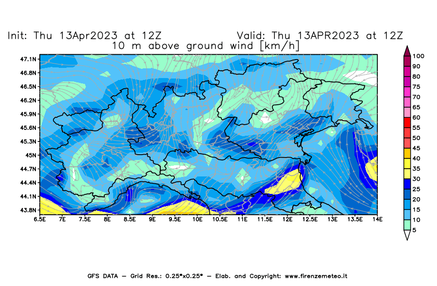 Mappa di analisi GFS - Velocità del vento a 10 metri dal suolo [km/h] in Nord-Italia
							del 13/04/2023 12 <!--googleoff: index-->UTC<!--googleon: index-->