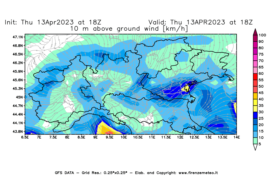 Mappa di analisi GFS - Velocità del vento a 10 metri dal suolo [km/h] in Nord-Italia
							del 13/04/2023 18 <!--googleoff: index-->UTC<!--googleon: index-->