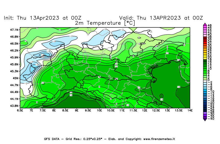 GFS analysi map - Temperature at 2 m above ground [°C] in Northern Italy
									on 13/04/2023 00 <!--googleoff: index-->UTC<!--googleon: index-->