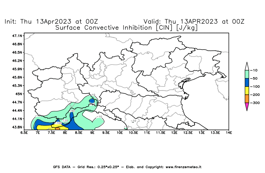 GFS analysi map - CIN [J/kg] in Northern Italy
									on 13/04/2023 00 <!--googleoff: index-->UTC<!--googleon: index-->
