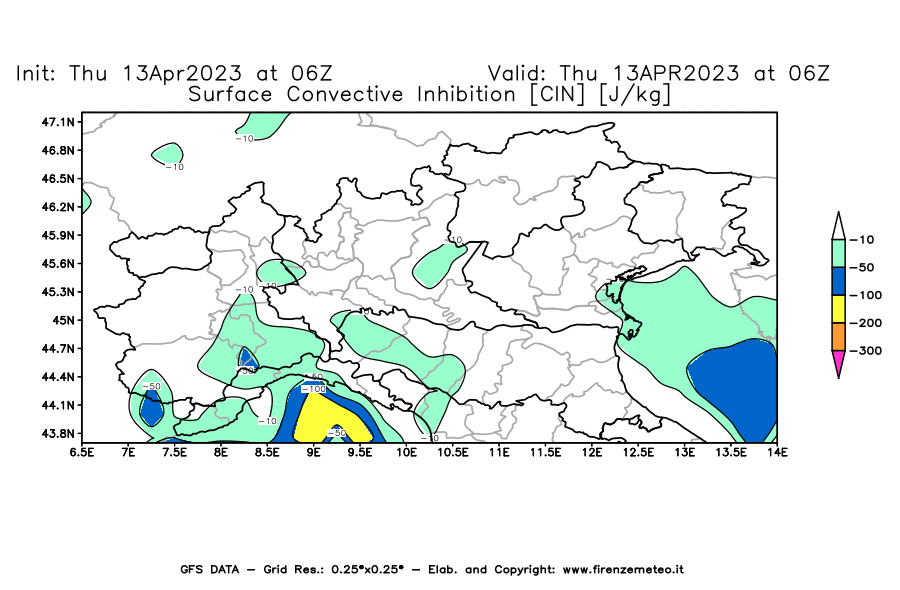 Mappa di analisi GFS - CIN [J/kg] in Nord-Italia
							del 13/04/2023 06 <!--googleoff: index-->UTC<!--googleon: index-->