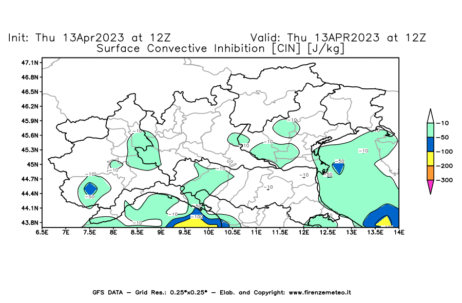 Mappa di analisi GFS - CIN [J/kg] in Nord-Italia
							del 13/04/2023 12 <!--googleoff: index-->UTC<!--googleon: index-->