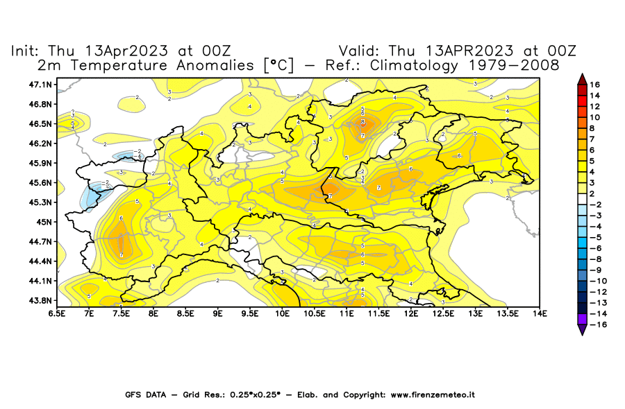 GFS analysi map - Temperature Anomalies [°C] at 2 m in Northern Italy
									on 13/04/2023 00 <!--googleoff: index-->UTC<!--googleon: index-->