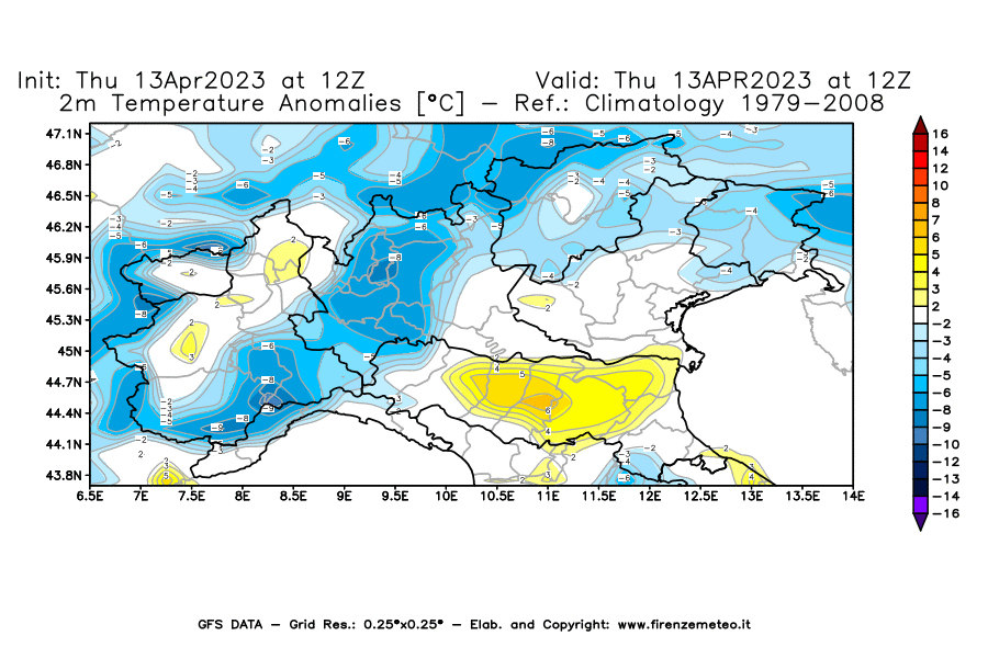 Mappa di analisi GFS - Anomalia Temperatura [°C] a 2 m in Nord-Italia
							del 13/04/2023 12 <!--googleoff: index-->UTC<!--googleon: index-->
