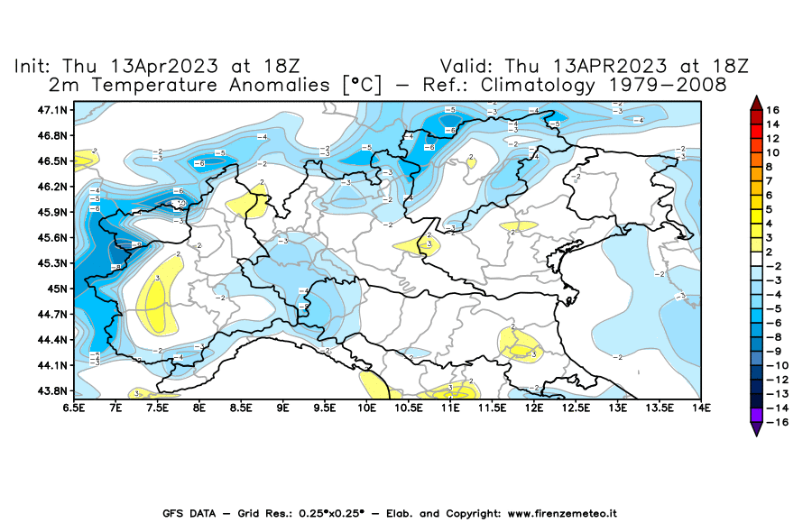 Mappa di analisi GFS - Anomalia Temperatura [°C] a 2 m in Nord-Italia
							del 13/04/2023 18 <!--googleoff: index-->UTC<!--googleon: index-->