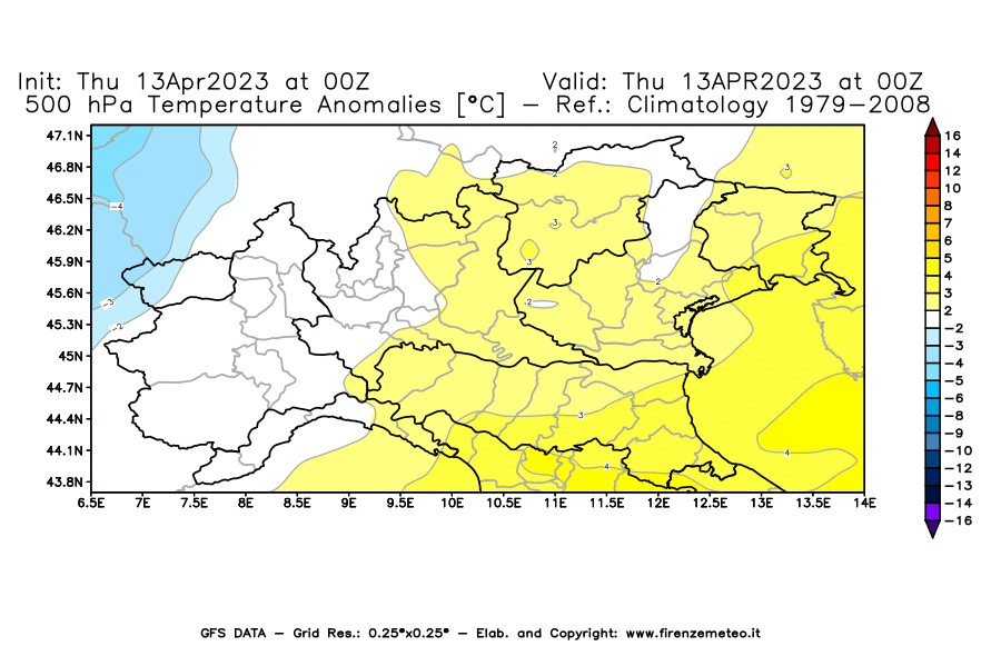GFS analysi map - Temperature Anomalies [°C] at 500 hPa in Northern Italy
									on 13/04/2023 00 <!--googleoff: index-->UTC<!--googleon: index-->