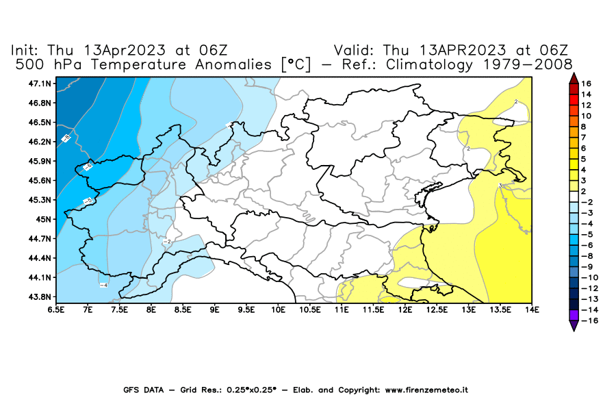 GFS analysi map - Temperature Anomalies [°C] at 500 hPa in Northern Italy
									on 13/04/2023 06 <!--googleoff: index-->UTC<!--googleon: index-->